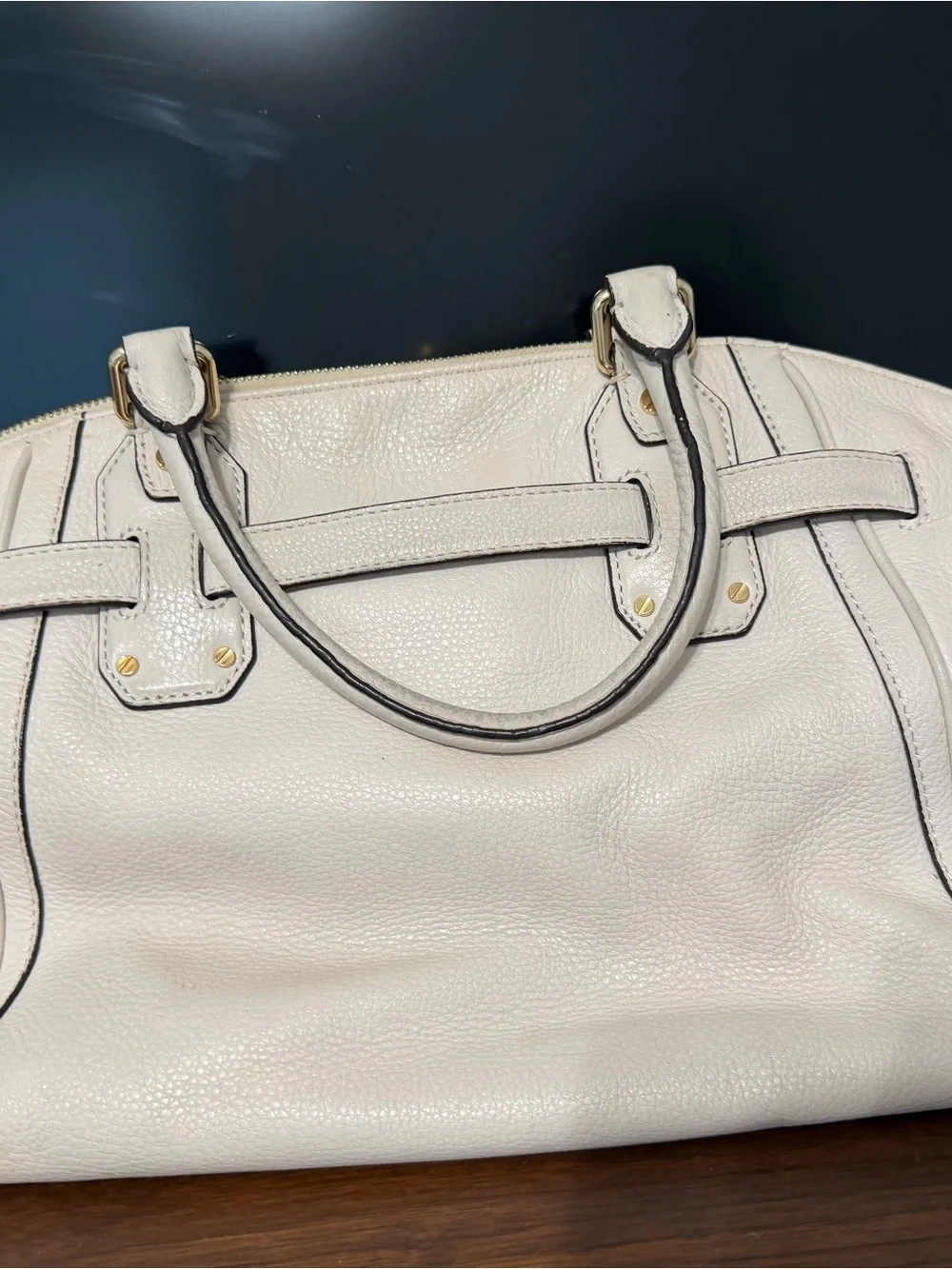 Michael Kors Cream Leather Satchel with Gold MK Emblem